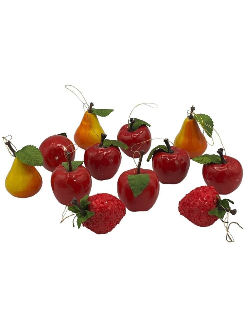 12 Christmas Fruit Ornaments Shiny Apples Pears Glitter Strawberries Green Leaf